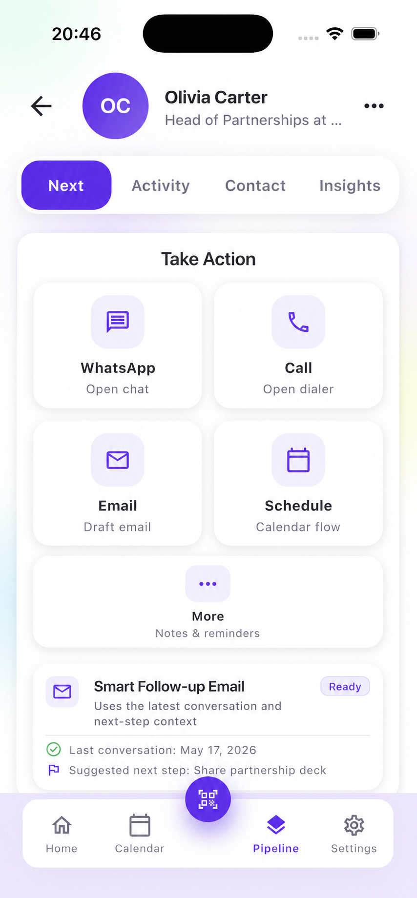 SalesCard next actions screen with WhatsApp, call, email, and schedule actions