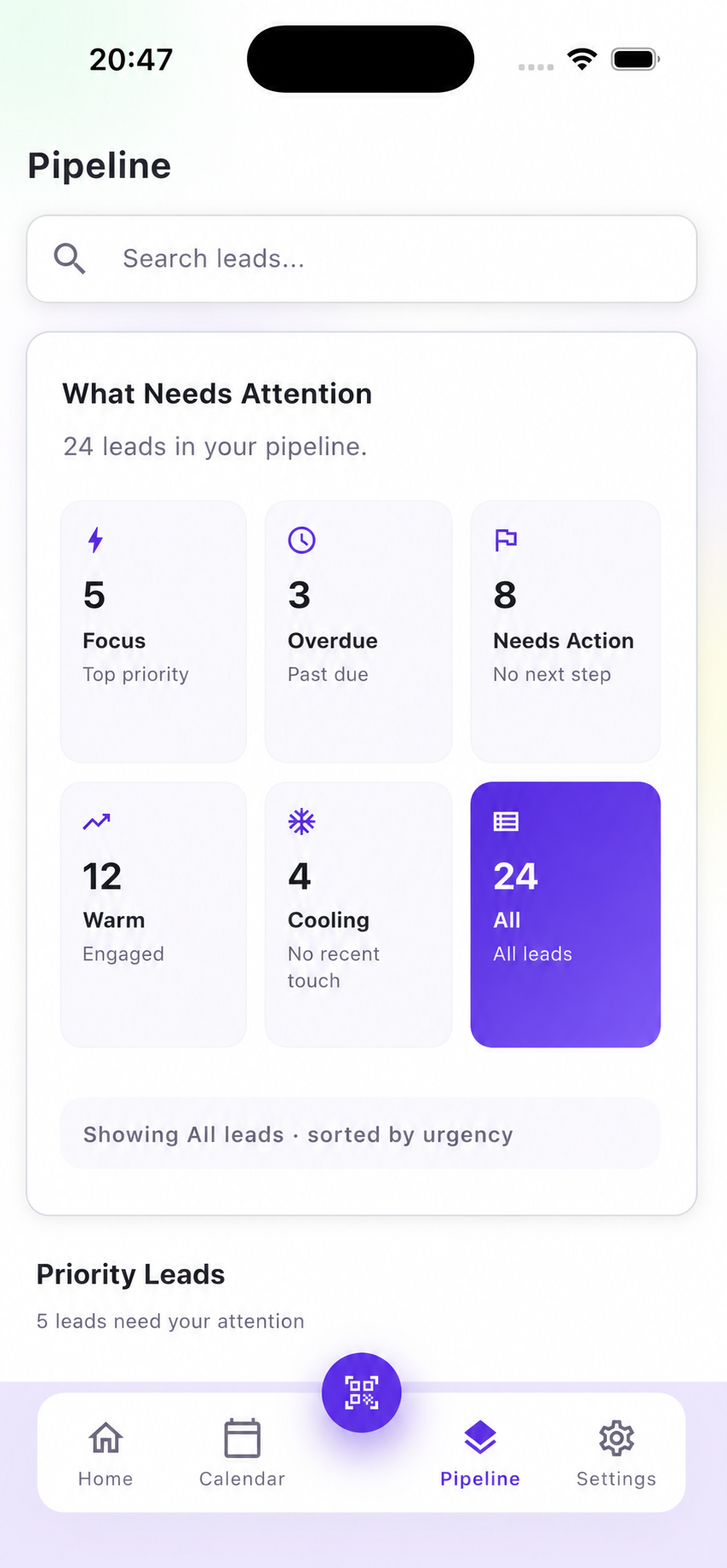 SalesCard pipeline showing focus leads, overdue items, and warm leads